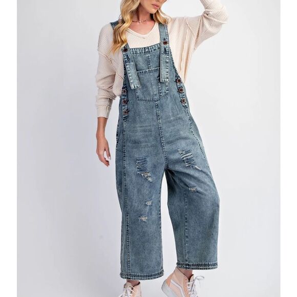 Easel Distressed Cropped Wide Leg Overalls | Size M - Picture 1 of 8